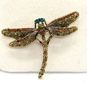 Vintage Colorful Rhinestone‎ Gold Tone Dragonfly Lapel Pin Brooch